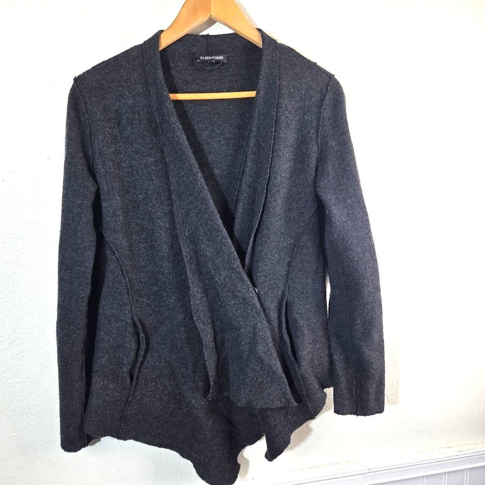 Eileen Fisher Merino Wool Asymmetrical Jacket Womens XS Black Minimalist